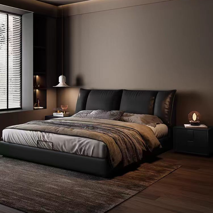 意式极简真皮床现代简约1.8米轻奢复古风黑色床主卧双人软包婚床
