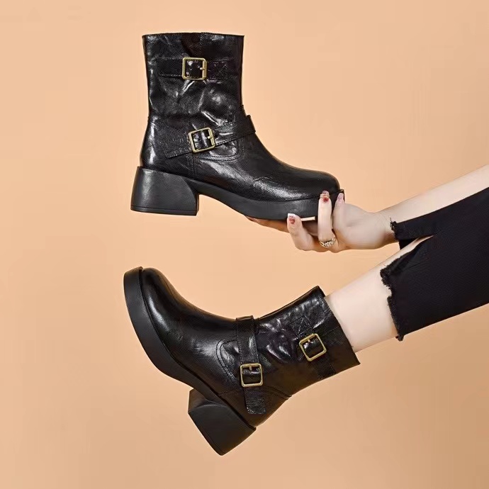 时尚休闲百搭粗跟冬季厚底马丁短靴圆头英伦风真皮