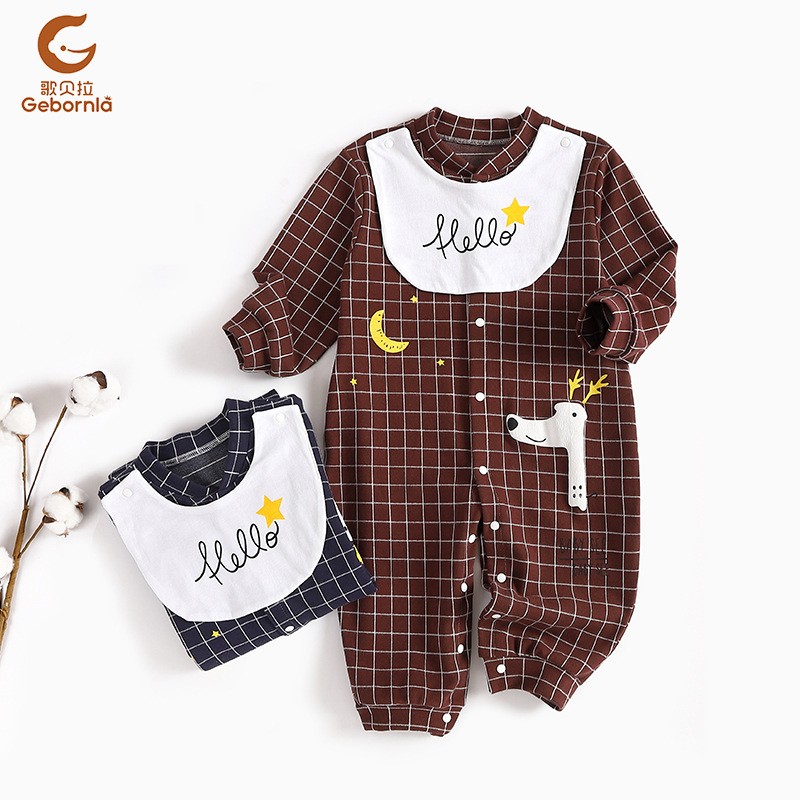 舒绒婴儿围嘴闭裆连体衣男女宝宝百搭格子连体衣可爱和尚服5479