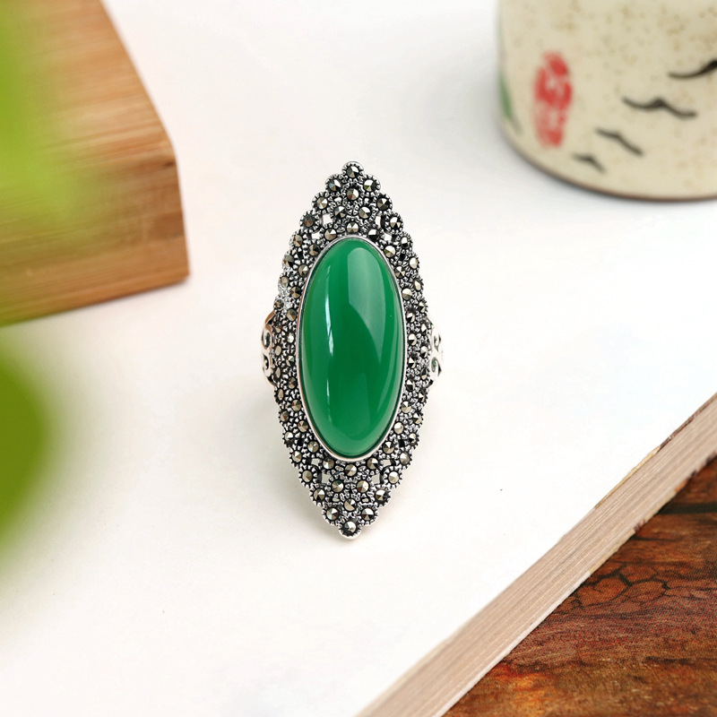 925银戒指 S925泰银绿戒指复古做旧民族风