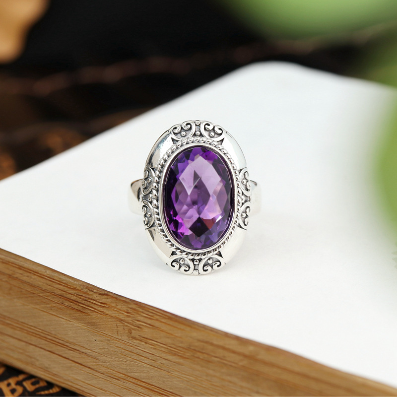 925银戒指 s925银紫戒指女士批发复古做旧印尼风个性小众