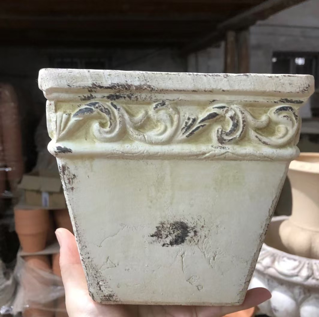 手工复古做旧灰白四方花盆口径18*高度17
