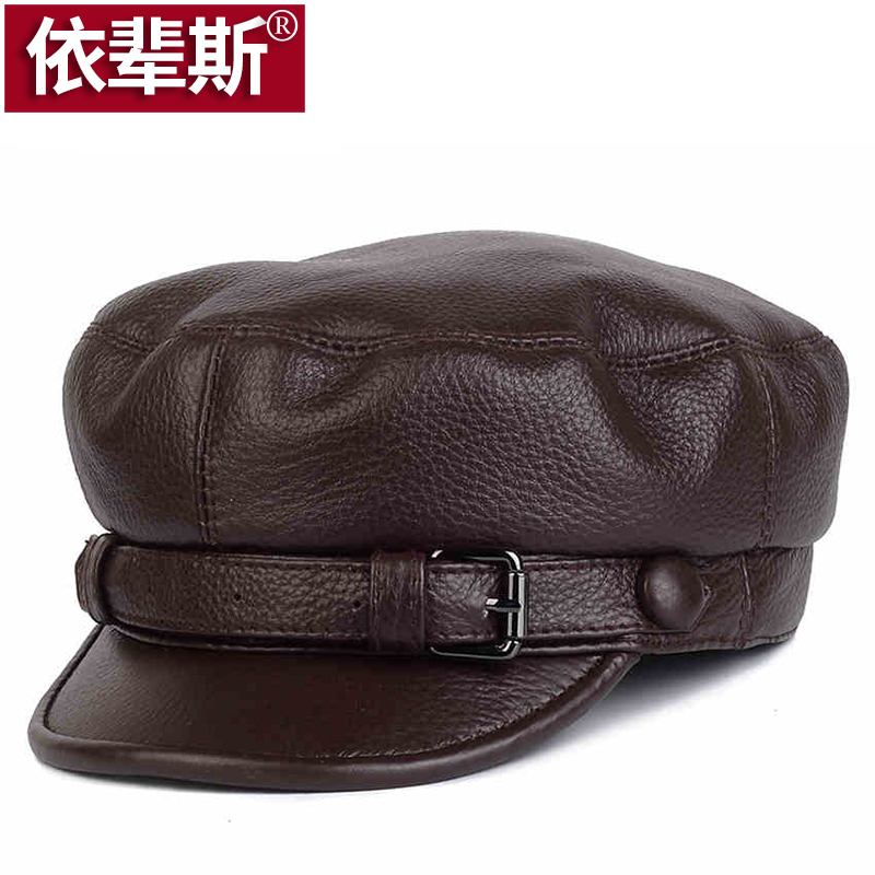 真皮帽子男士英伦复古牛皮平顶帽秋冬中老年韩版朋克机车鸭舌帽潮