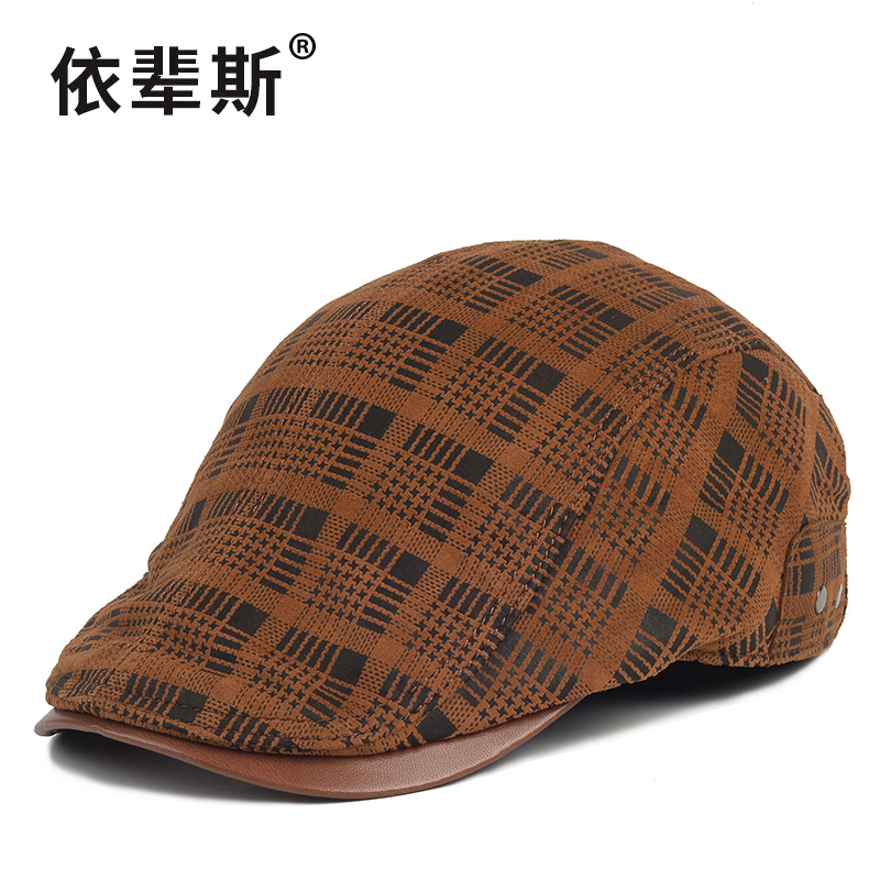真皮帽子男春秋格纹羊皮鸭舌帽中老年休闲前进帽韩版时尚贝雷帽潮