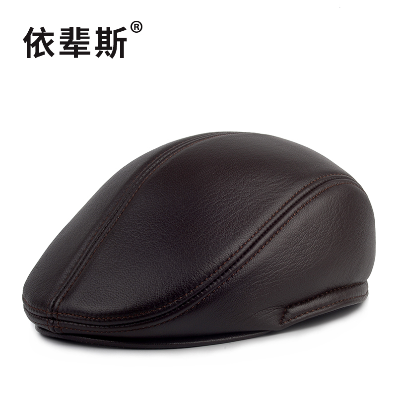 中老年真皮帽子男士冬天保暖羊皮贝雷帽老人棉帽鸭舌帽前进工人帽