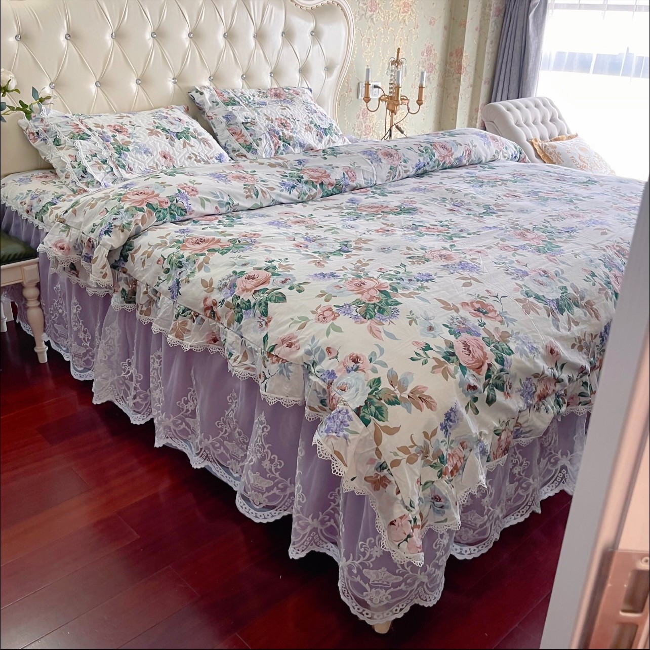 芳菲全棉夹棉绗缝床裙款花边四件套防滑床盖欧式蕾丝花边公主风
