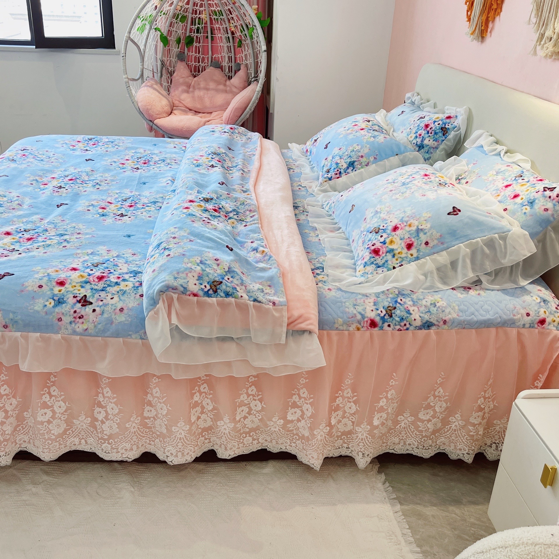 蝴蝶庄园加厚11斤夹棉保暖牛奶绒田园公主风韩式蕾丝床裙四件套