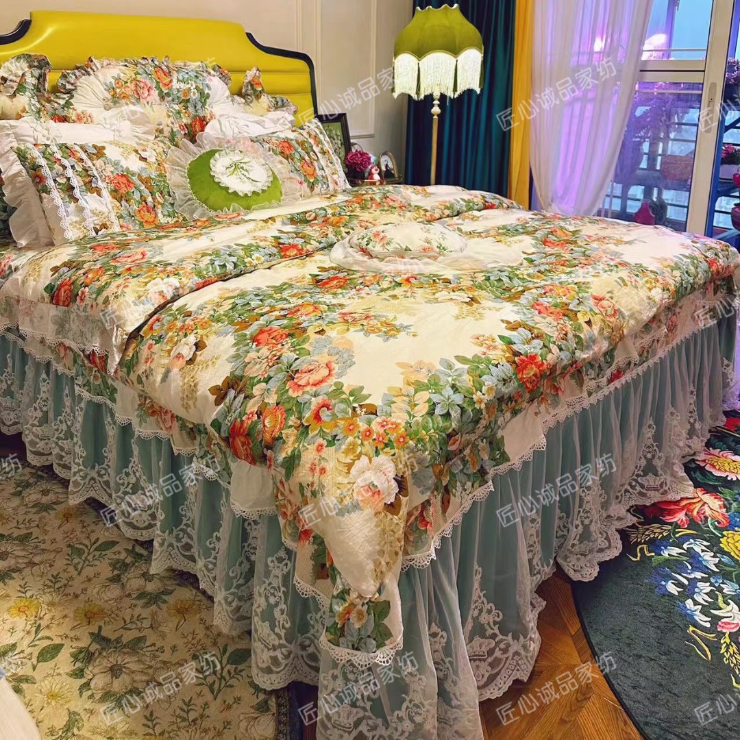 天香全棉夹棉绗缝床裙款花边四件套防滑床盖欧式蕾丝花边公主风