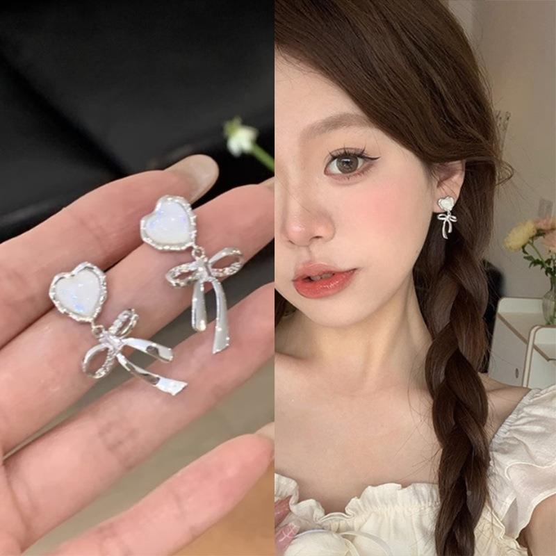S925银超仙爱心小石石蝴蝶结耳针女轻奢小众高级感耳环