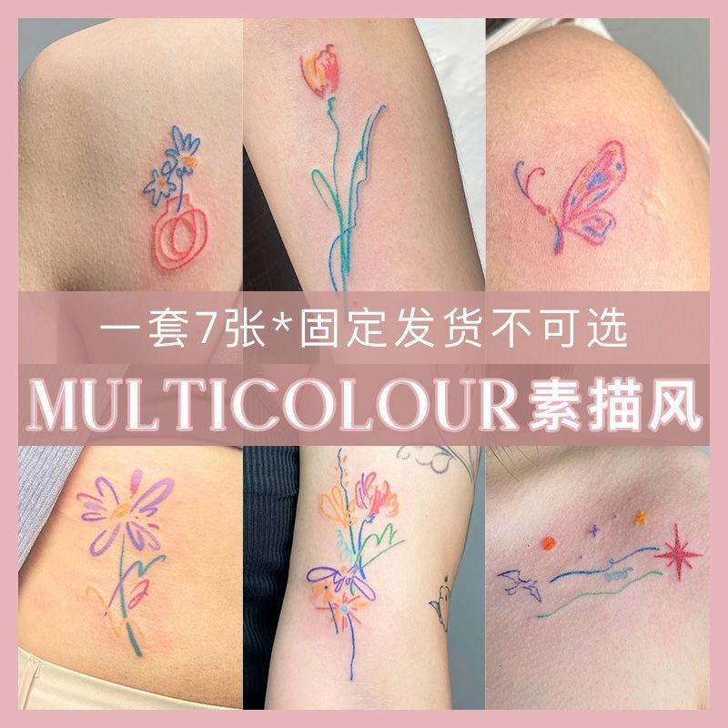 素描风彩色纹身贴 小众简约可爱可水洗逼真 高颜值纹身贴纸ins风