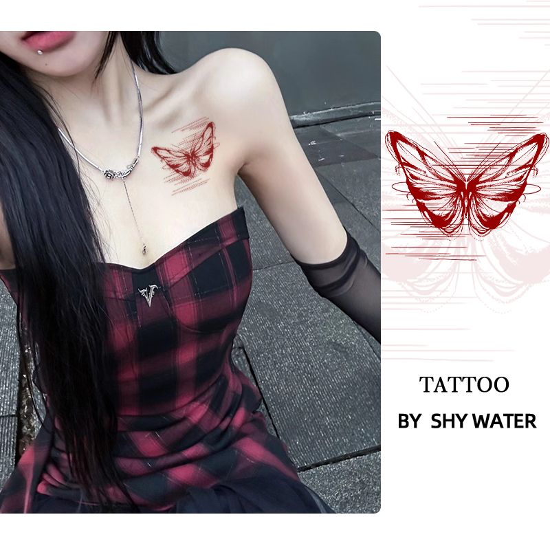 与蝶共振纹身贴锁骨辣妹甜酷性感纯欲风少女心手臂腰部防水纹身