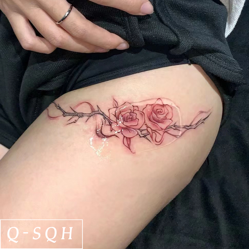 漂亮玫瑰 彩色纹身贴可洗半永久防水防汗 辣妹锁骨大腿蔓延缠绕感