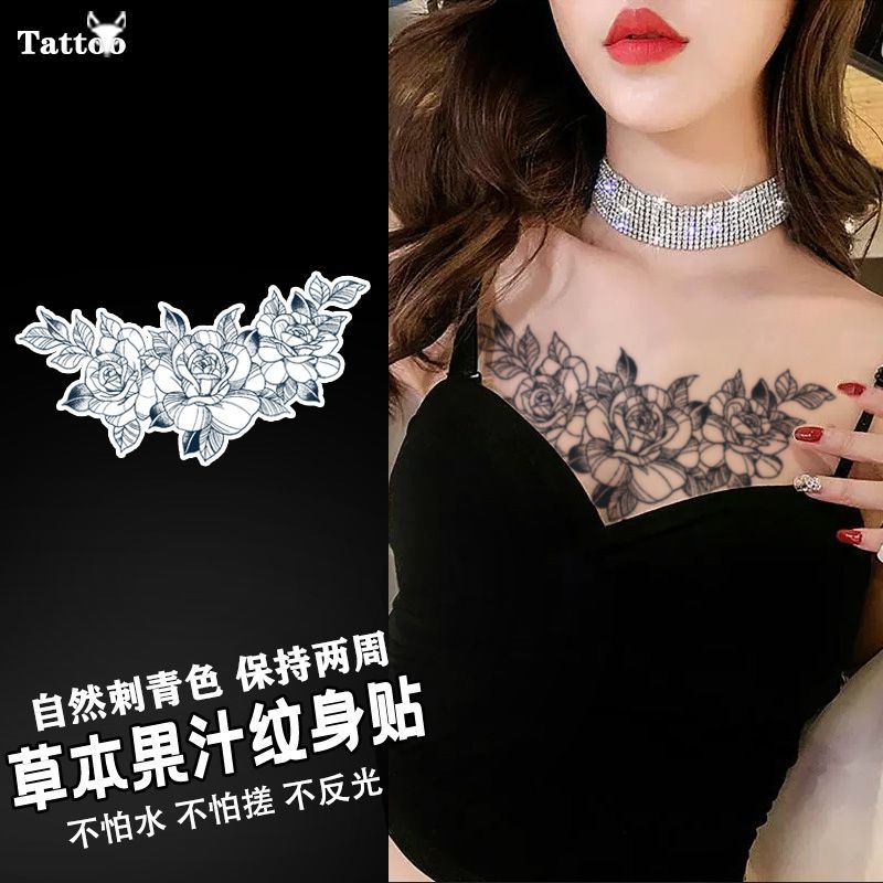 暗黑玫瑰花大图案纹身贴草本半永久胸前花臂防水持久逼真辣妹甜酷