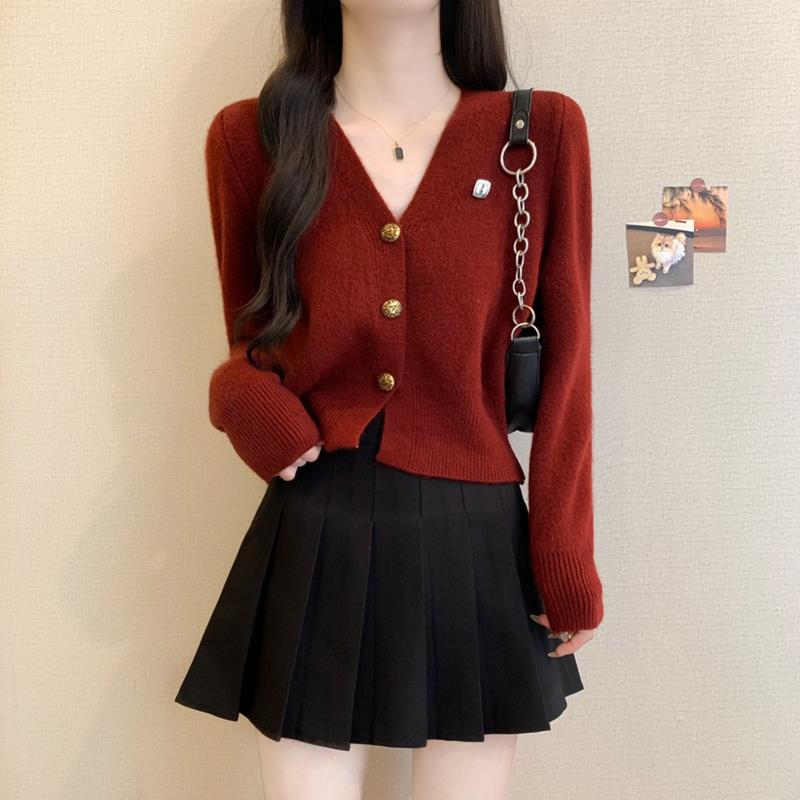 FAVMARTHA安哥拉红领针织开衫女秋冬短款圣诞大朗毛衣外套里马年