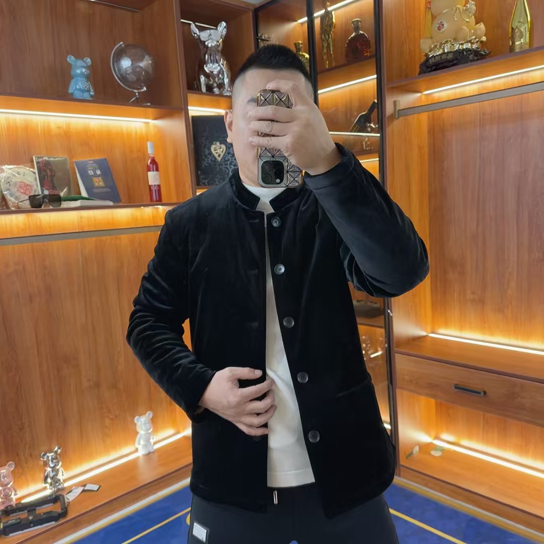 2024秋冬二棉金丝绒男士立领夹克棉服外套中山装商务修身网红同款