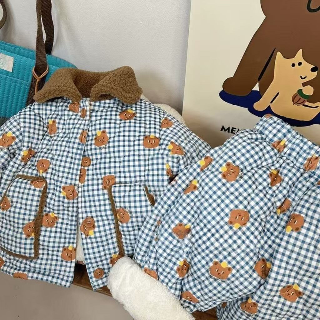 儿童卡通三层夹棉加绒家居服套装25冬款男女童加厚保暖睡衣两件套