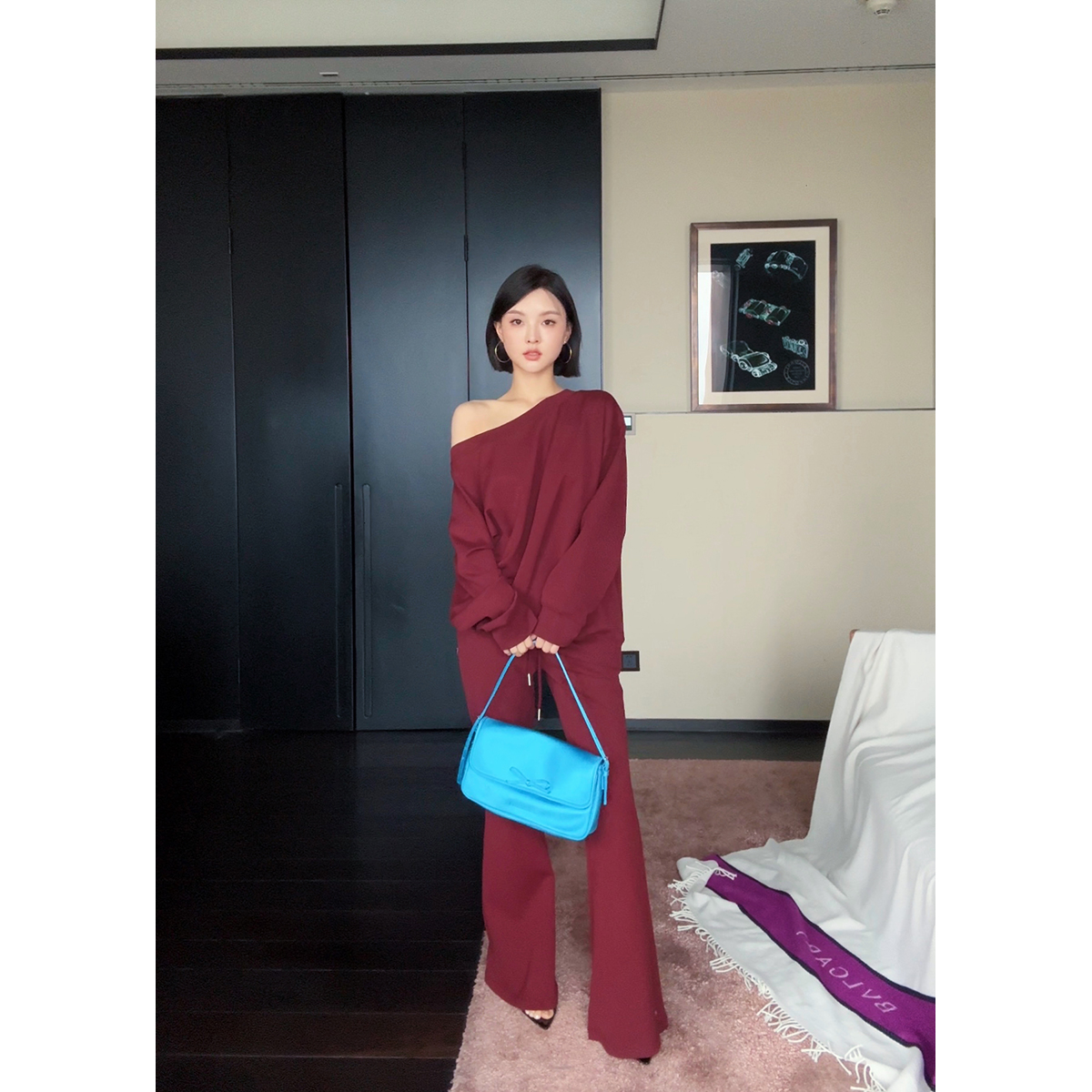 FORNI  复古明媚感 慵懒喇叭裤套装显瘦气质时尚宽松百搭红色