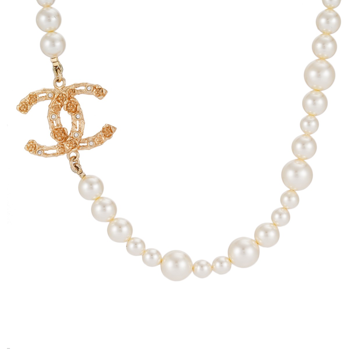 95新 Chanel/香奈儿 项链珍珠山茶花浮雕双C/公价8500/jlp004983