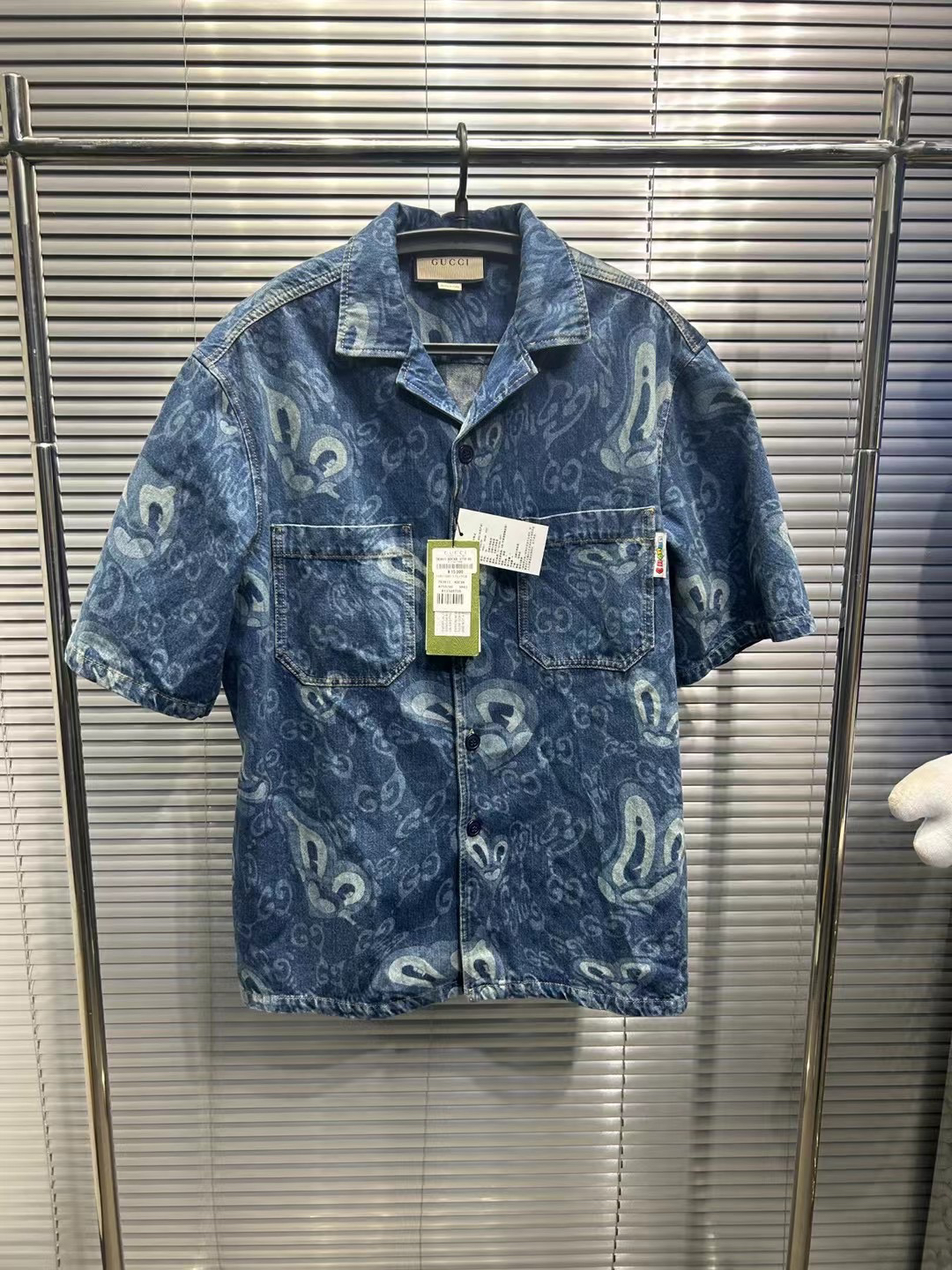 Gucci24ss爆款精灵渲染双G蓝色牛仔短袖衬衫/46/全新/平台12420
