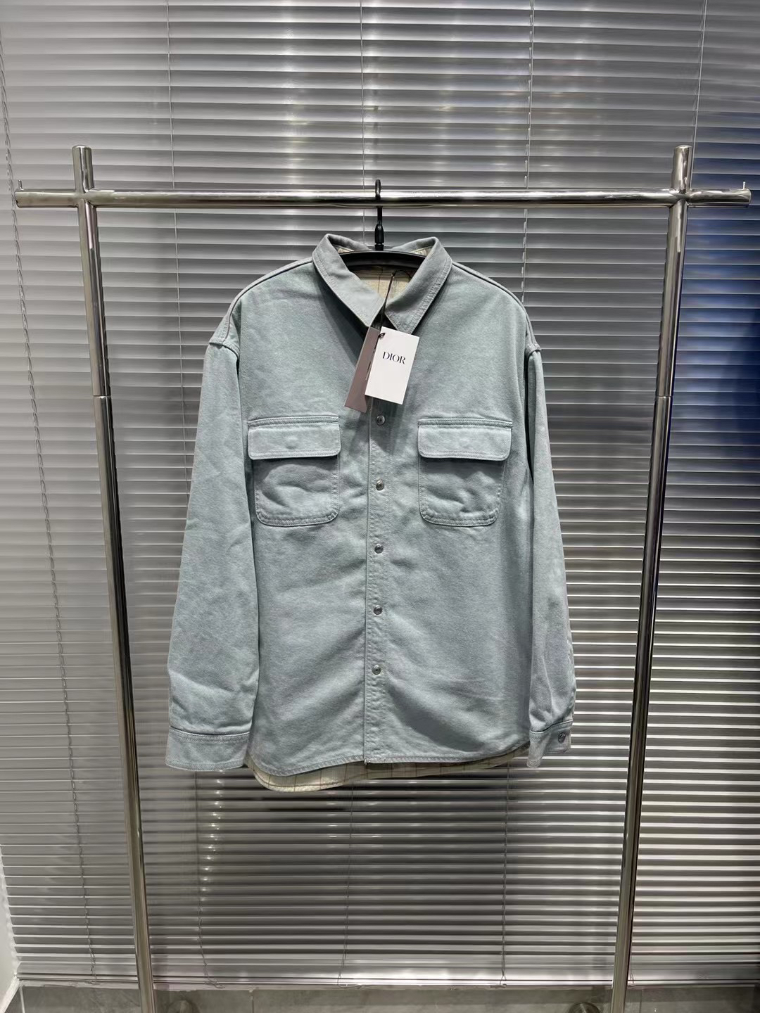 Dior 2023fw浅蓝色刺绣标语双面格纹衬衫40尺码/全新/平台16999