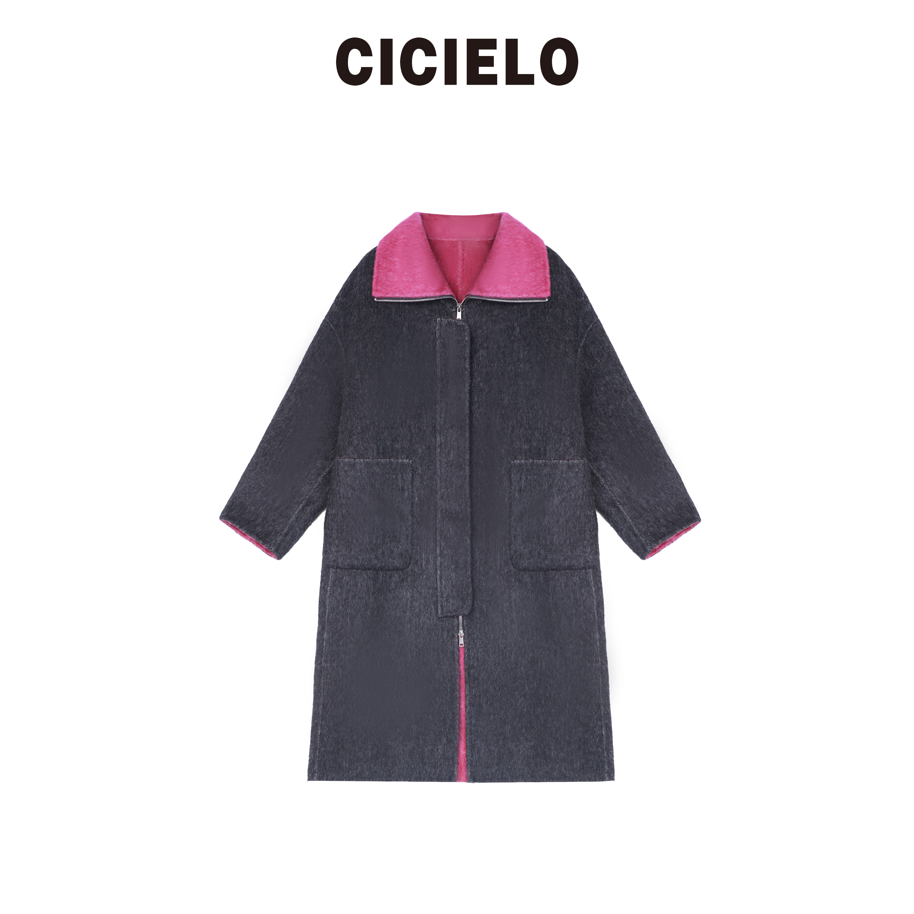 【CICIELO】长夜洋红羊毛桑蚕丝兔毛秋冬格子长款时尚大衣