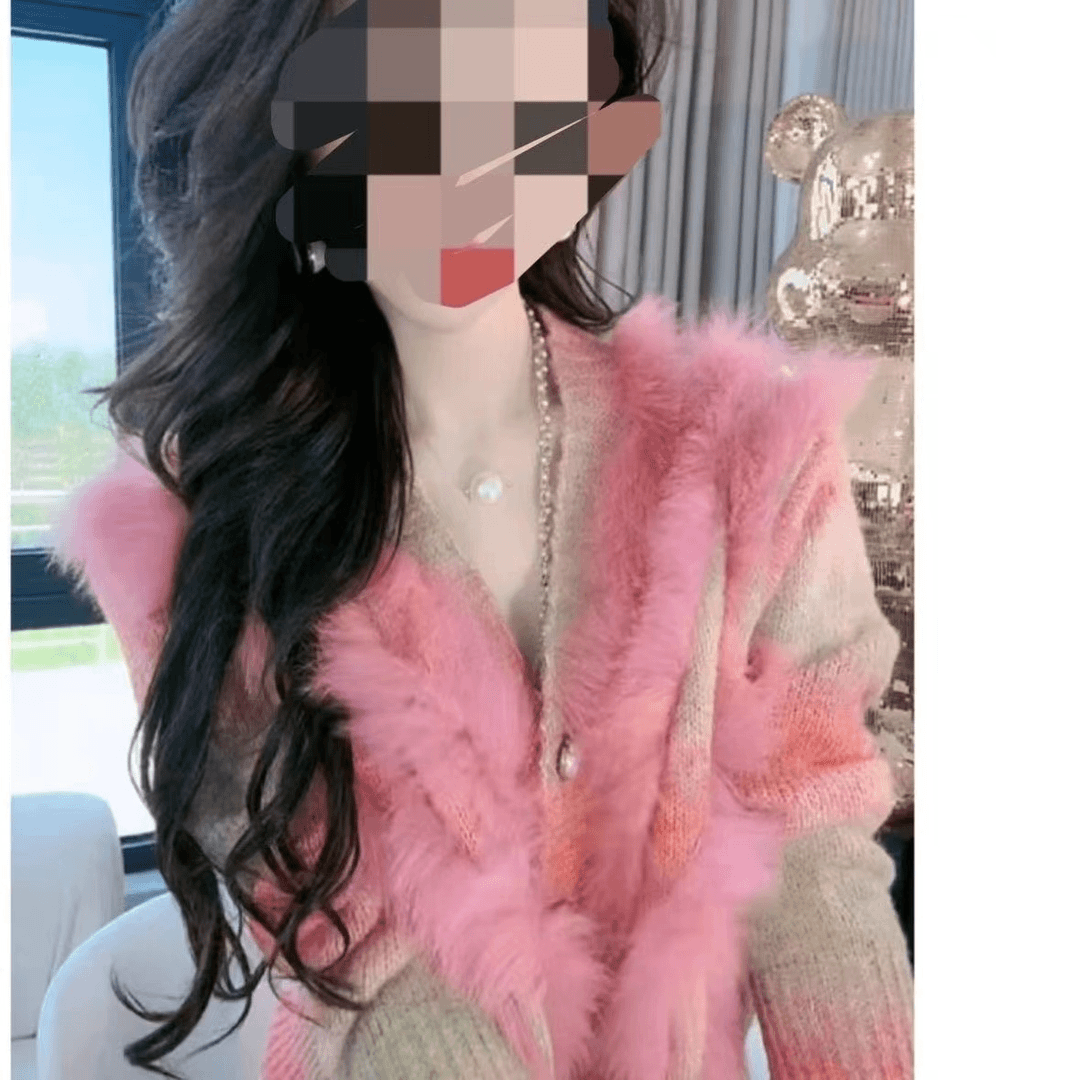 2024秋冬新款狐狸拼接开衫外套搞活定制V领修身