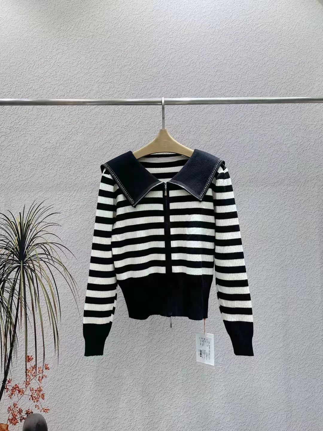 披肩翻领条纹开衫长袖女百搭休闲拼色海军领经典宽松显瘦