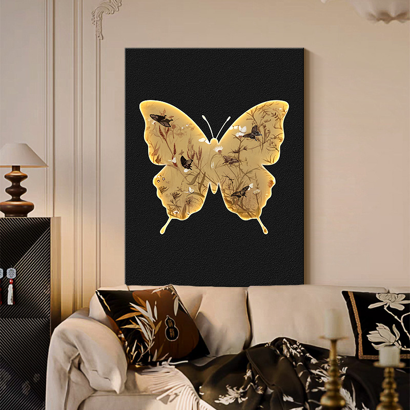 中古风高级感蝴蝶客厅装饰画砂岩卧室墙壁画氛围感玄关led灯挂画
