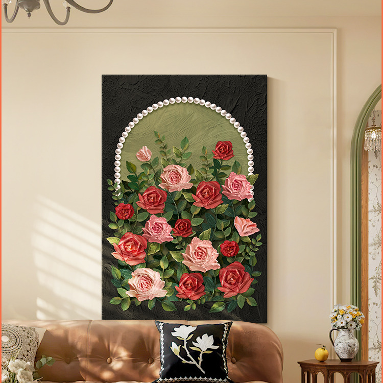 中古风客厅装饰画展示复古壁画珍珠玫瑰小众奶油风沙发背景墙挂画