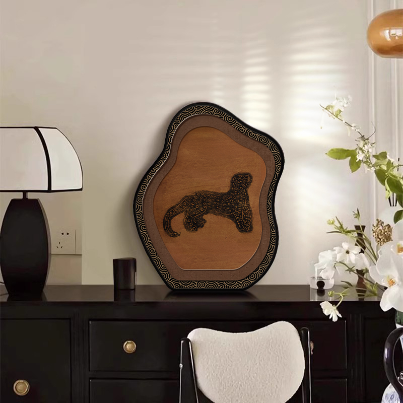 中古风桌面摆画金钱豹客厅电视柜摆台装饰画花鸟图玄关柜餐桌轻奢