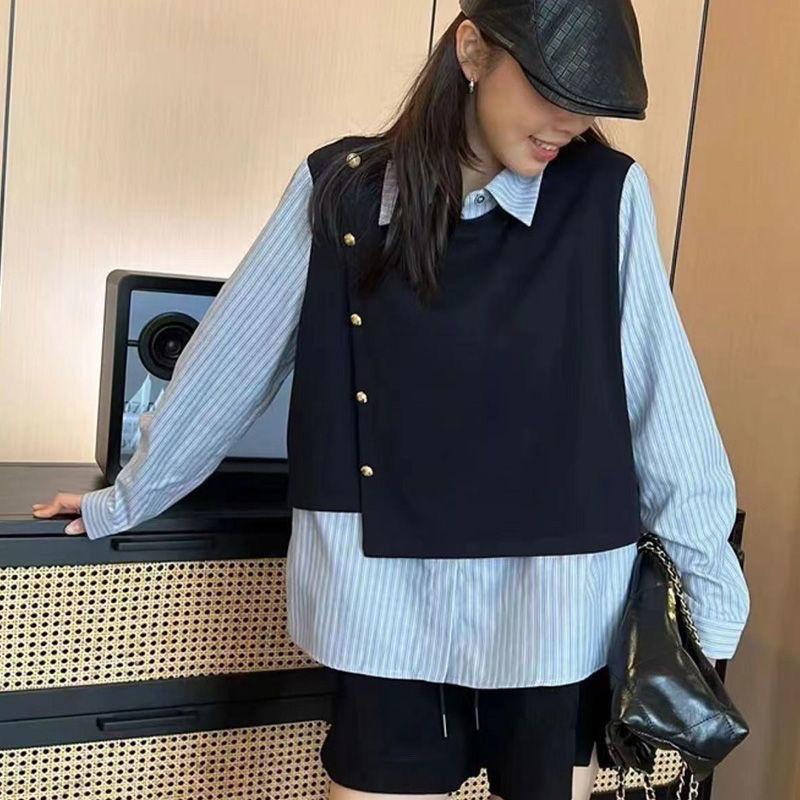 假两件条纹拼接衬衫2025秋季设计感小众宽松百搭时尚上衣洋气衬衣