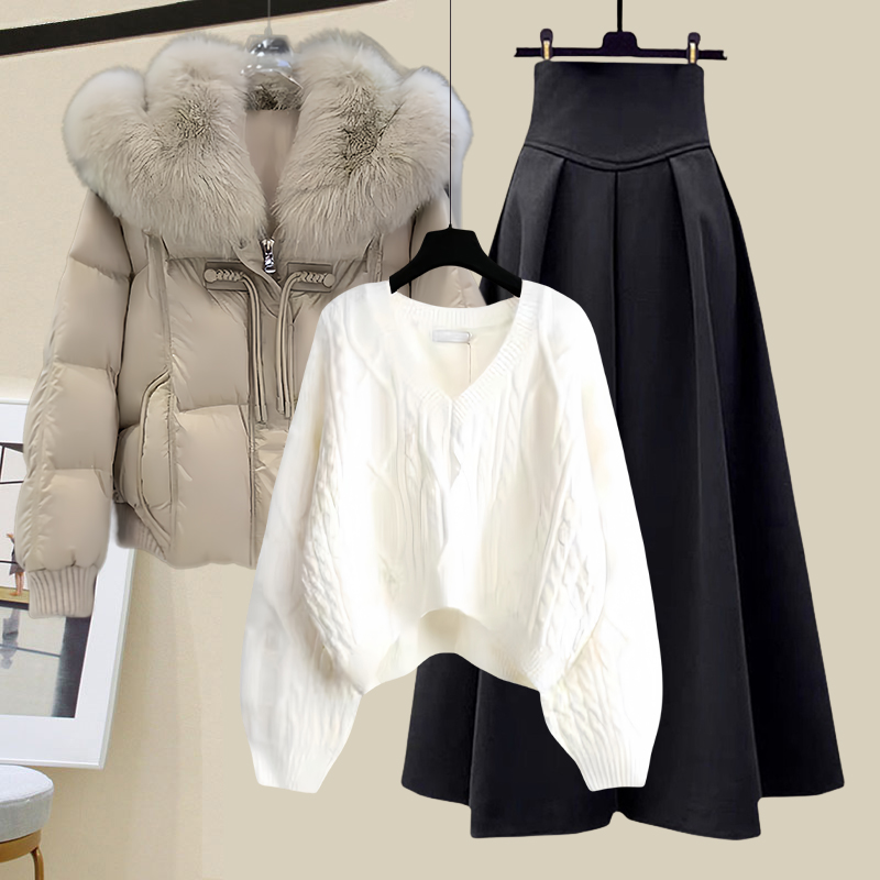 冬季套装女2023新款韩系温柔风中式盘扣棉服外套毛衣半身裙三件套