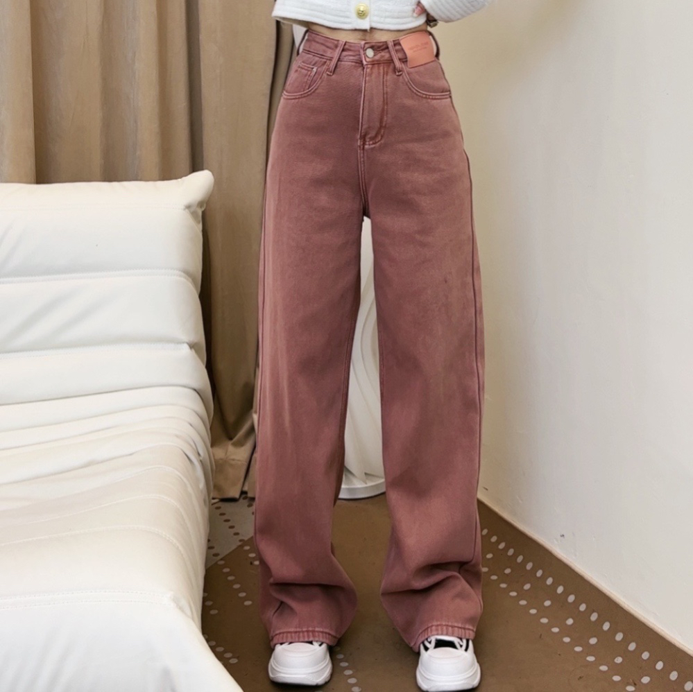 樱花粉加绒高腰阔腿牛仔女2023冬季设计感美式复古垂感显瘦直筒裤