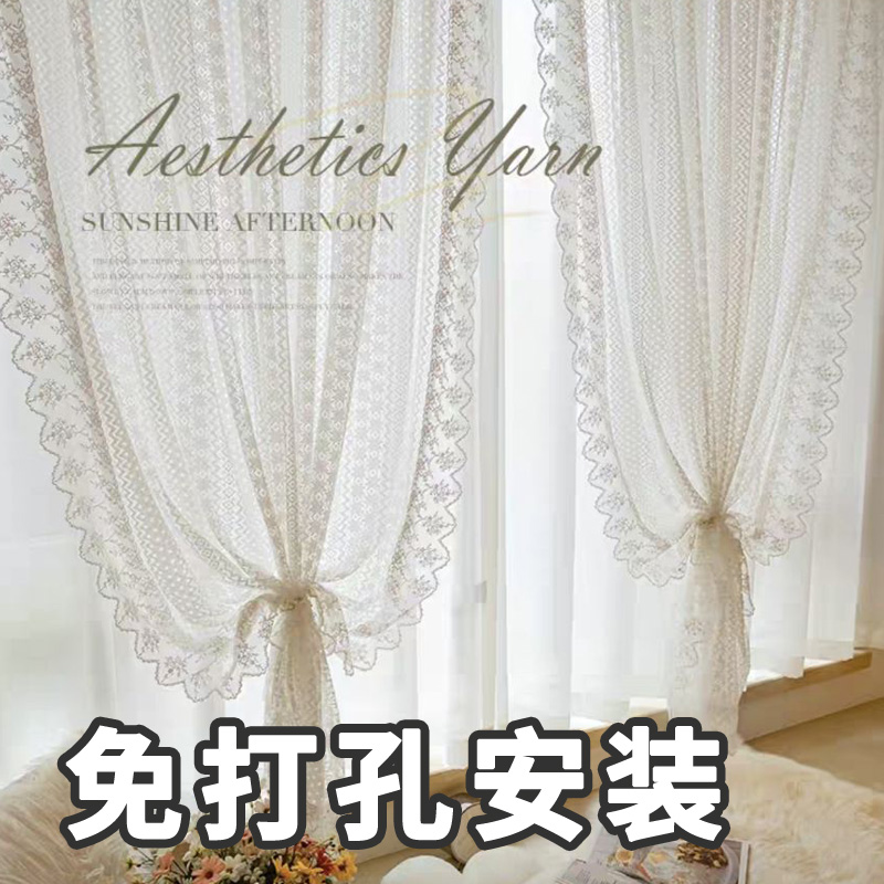 法式白色蕾丝纱帘透光不透人新款卧室飘窗窗帘双层带纱短帘