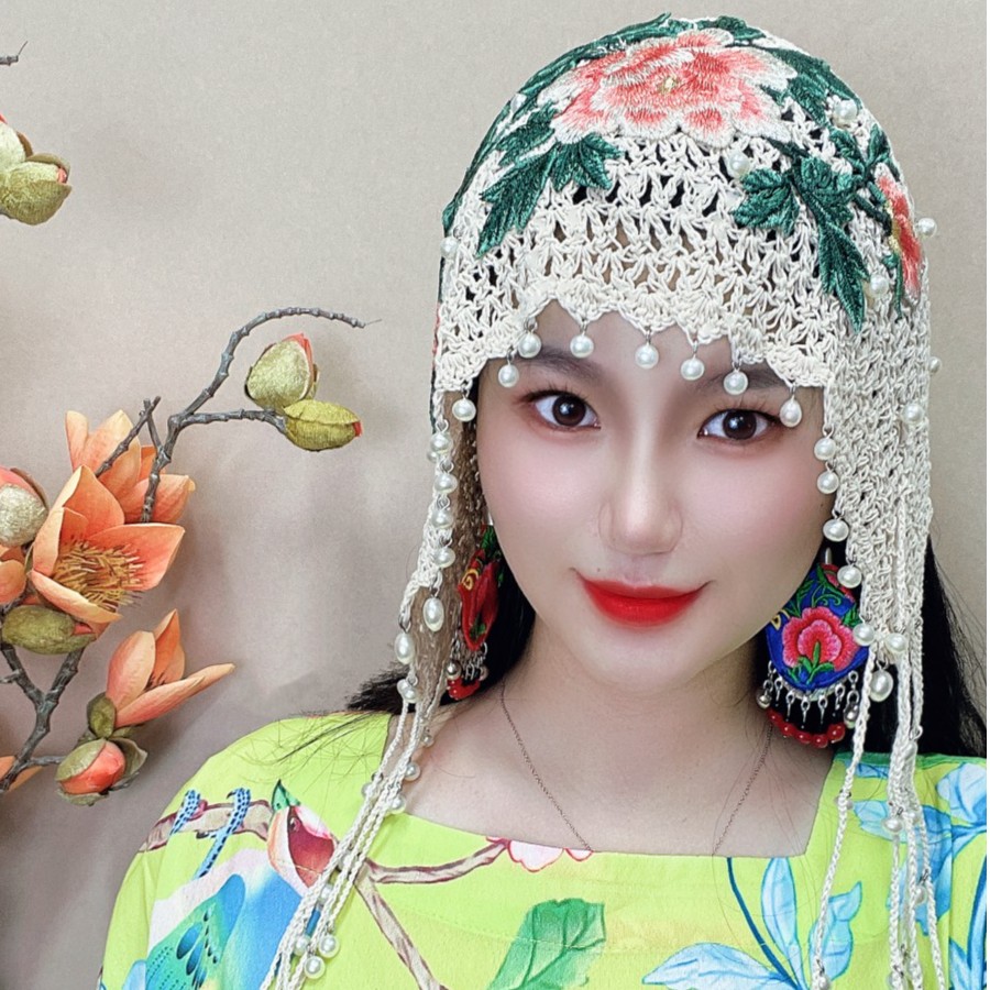 珍珠流苏毛线头饰民族风夏季帽子包头帽蕾丝女绣花中国风刺绣出游