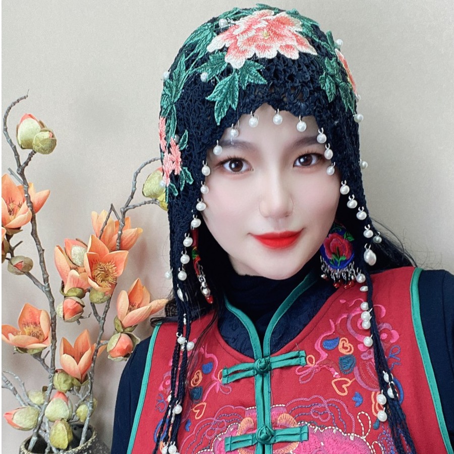 珍珠流苏毛线头饰民族风秋冬帽子包头帽蕾丝女时尚复古刺绣保暖
