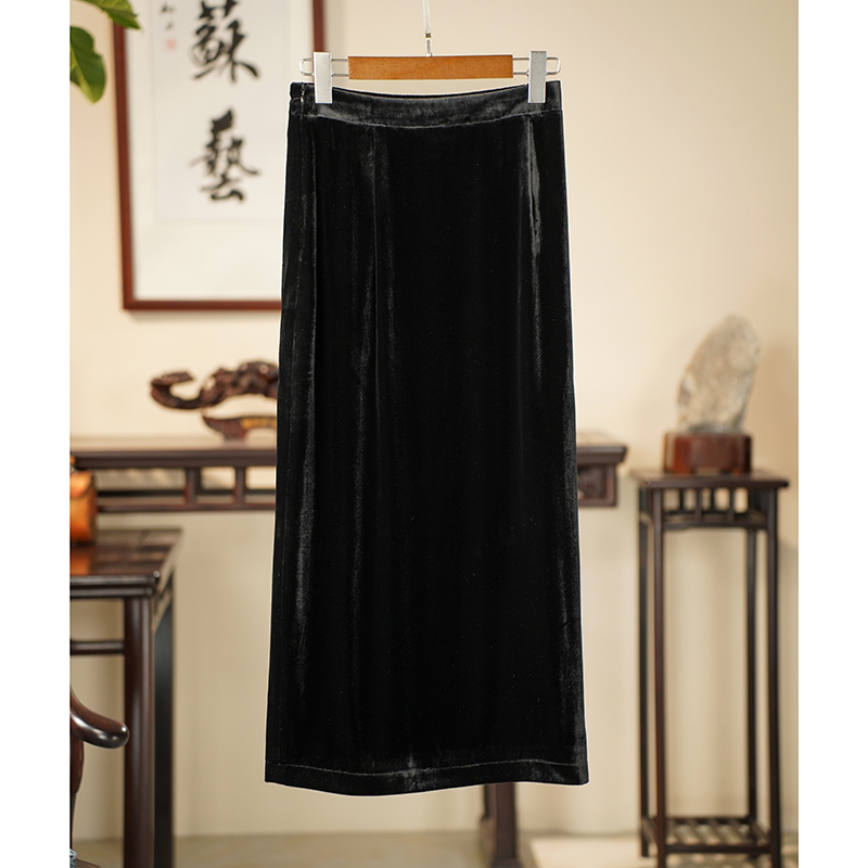 【京华苏艺】香云纱时尚气质丝绒半身裙-68498