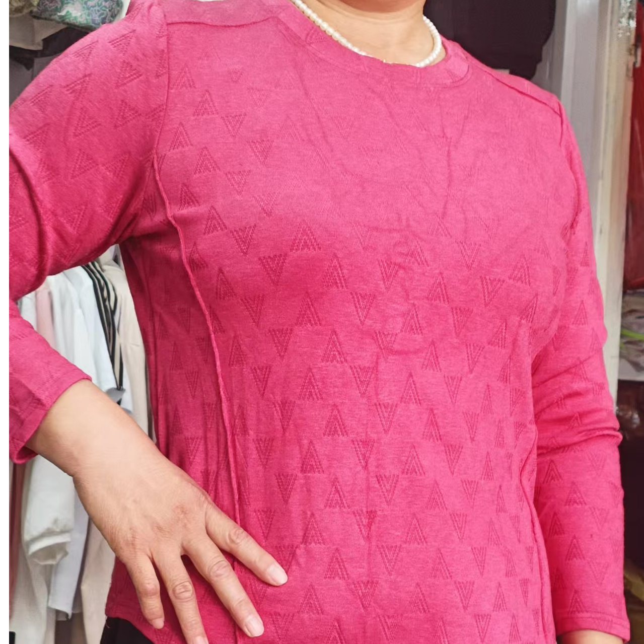 提花奥绒修身版女士圆领长袖打底衫