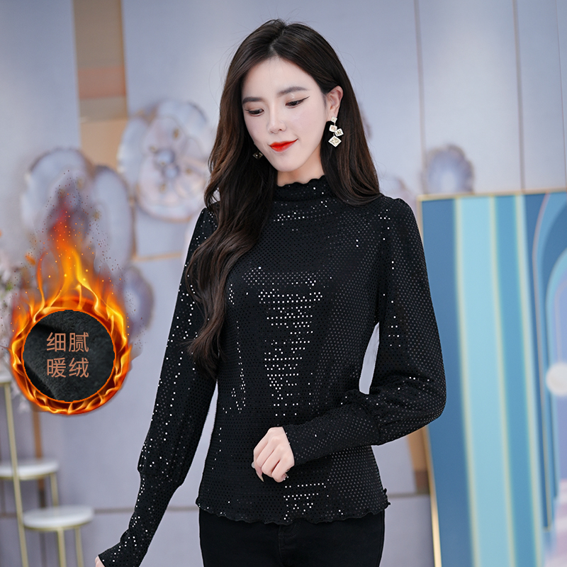 23B052秋冬新款加绒打底衫修身显瘦百搭亮片女长袖时尚内搭上衣女