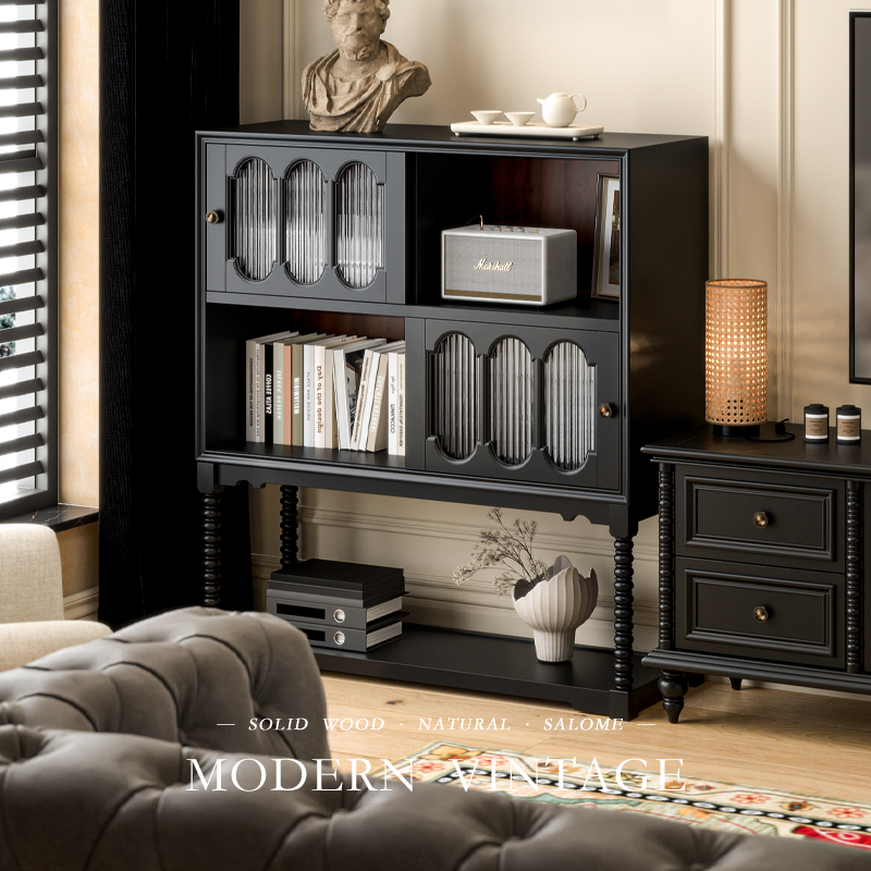 美式黑色实木玄关柜法式复古高级感客厅储物柜边柜酒柜书柜餐边柜