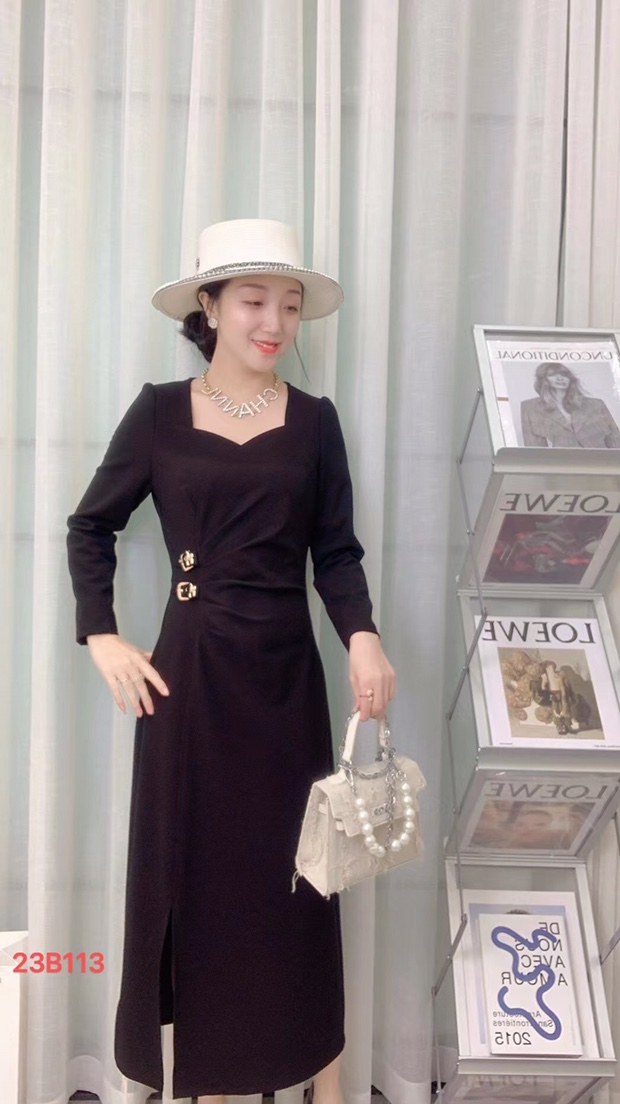 米莱家时尚修身显瘦气质韩版秋冬轻奢长袖连衣裙收腰黑色长裙裙子