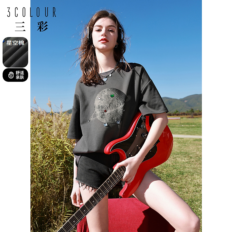 三彩2023冬季新款印花T恤圆领落肩袖上衣套头衫宽松休闲女