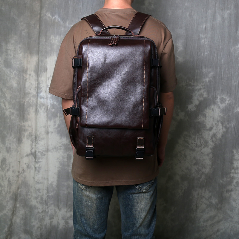 复古头层牛皮双肩包男女潮流户外旅行包真皮商务电脑背包大容量男