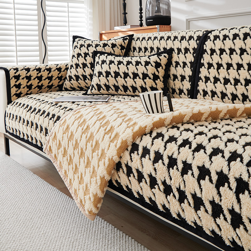 2023新款千鸟格沙发垫冬季加厚毛绒坐垫沙发垫防滑四季款沙发套罩