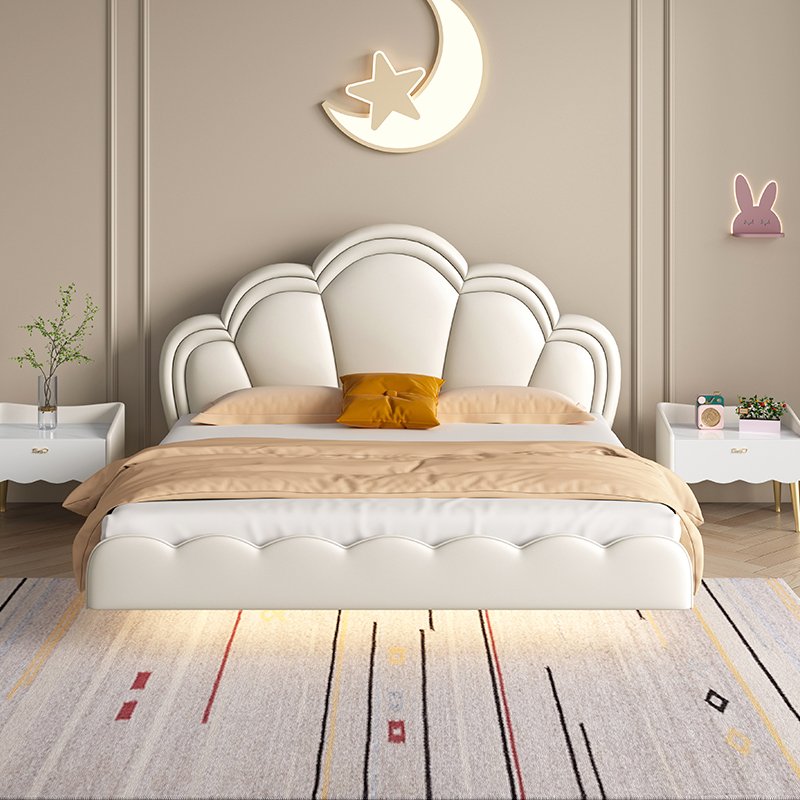 儿童床儿童房悬浮床皮艺双人床皮男童奶油风男孩女孩全实木单人床