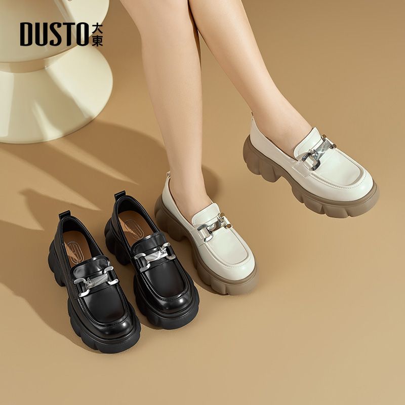 大东女鞋圆头乐福鞋女2025秋季新款黑色厚底百搭通勤小皮鞋1198