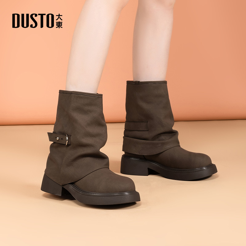 大东靴子2025秋冬新款洋气复古风时尚百搭粗跟显瘦显高堆堆靴0148