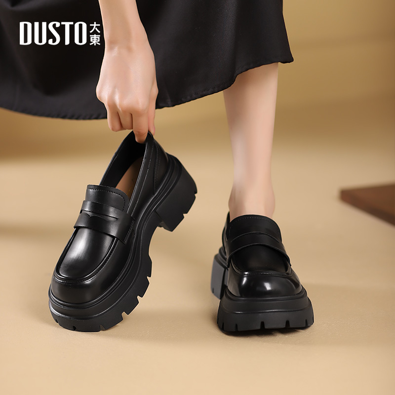 DUSTO/大东2025秋冬新款厚底乐福鞋时尚百搭圆头高跟套脚女鞋0127