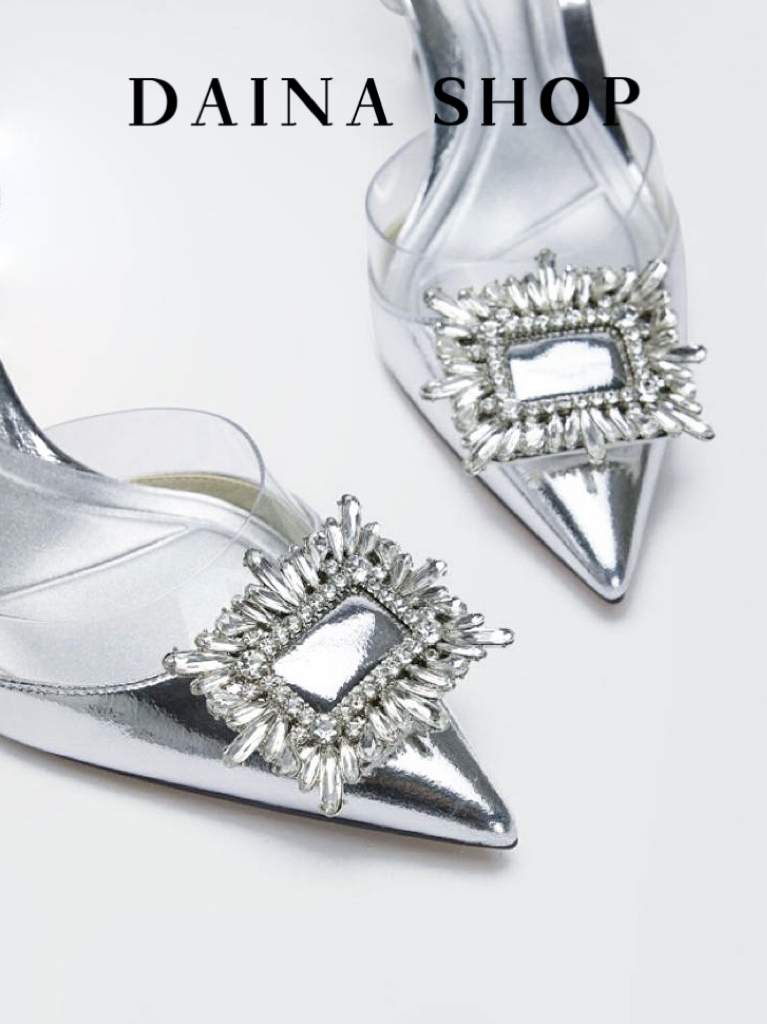 绝美水钻银色高跟鞋2024夏新款尖头细跟后绊带漆皮透明包头凉鞋女