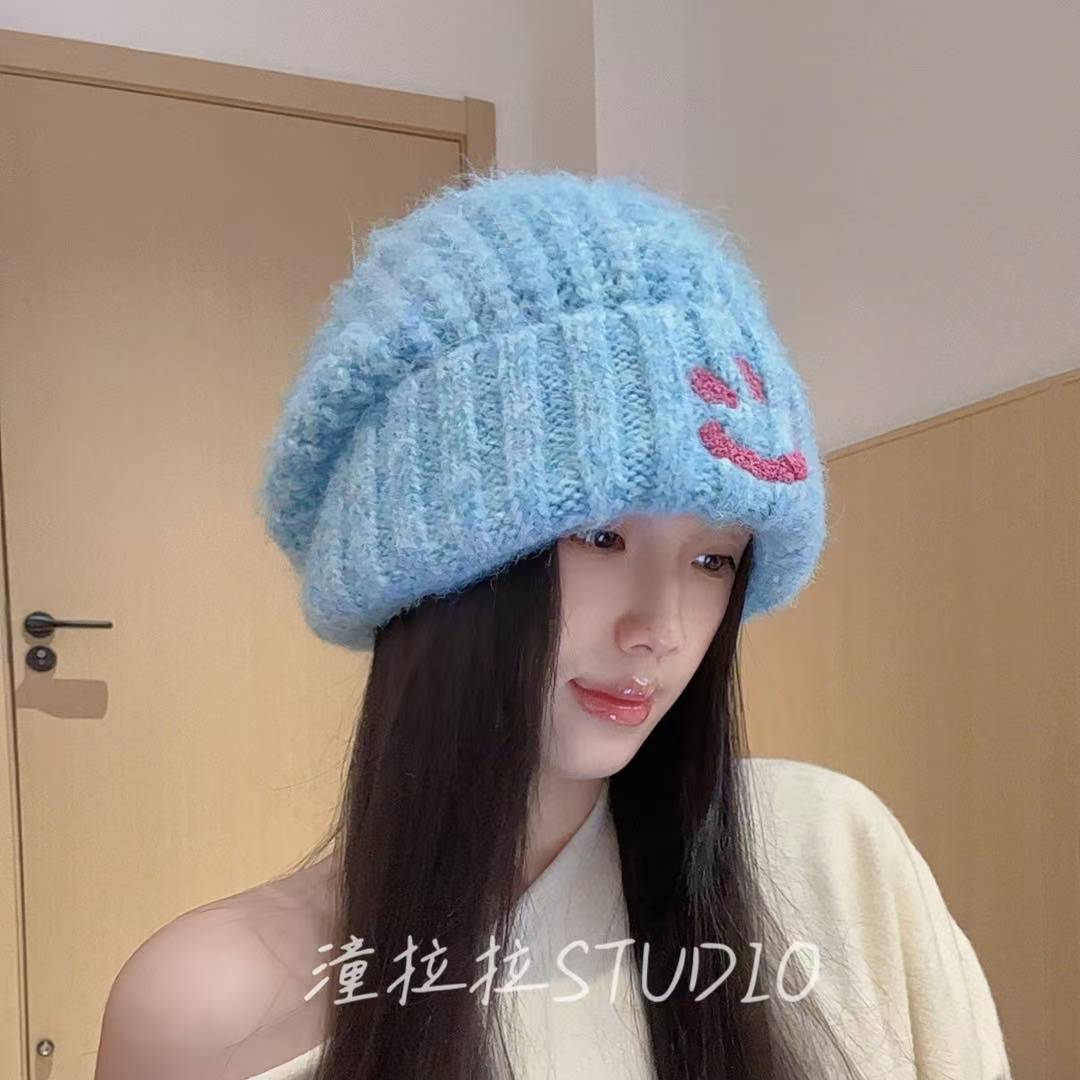 秋冬季笑脸毛线帽女休闲百搭大头围显脸小简约堆堆帽保暖针织帽子